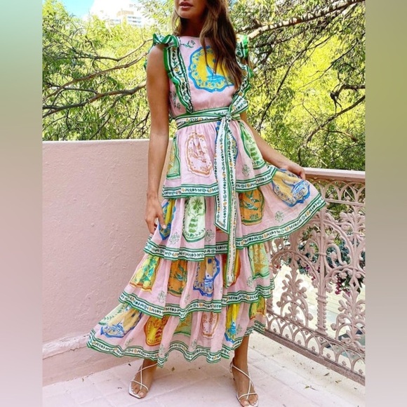 ALEMAIS PORCELAIN FRILL MIDI DRESS - Picture 1 of 12